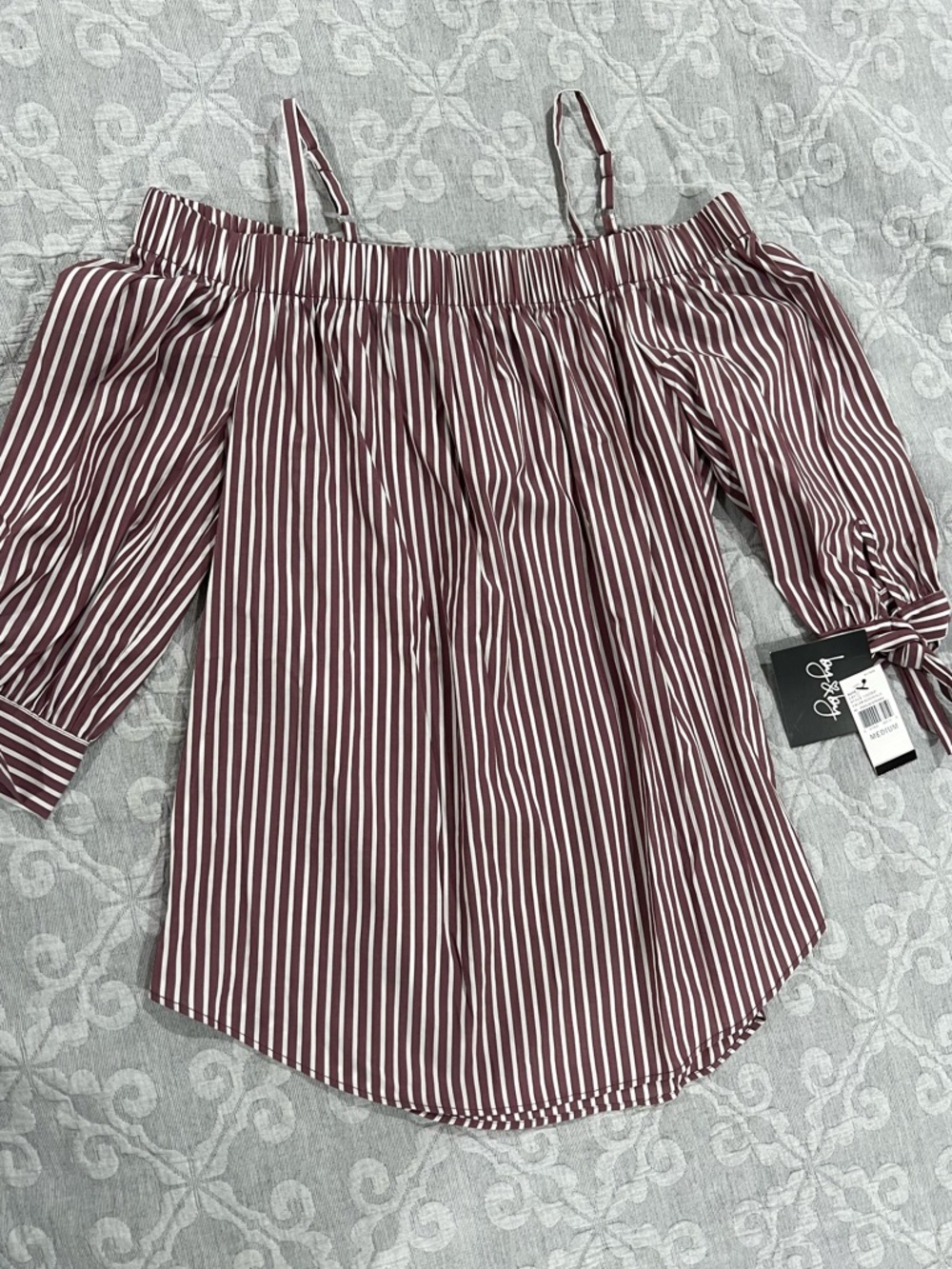 by & by Burgundy and White Striped Off-Shoulder Tie-Sleeve Blouse